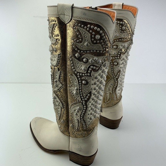 Womens Frye Boots 6 Deborah Deco Tall Studded Off White Distressed Vintage Rare - Picture 3 of 8